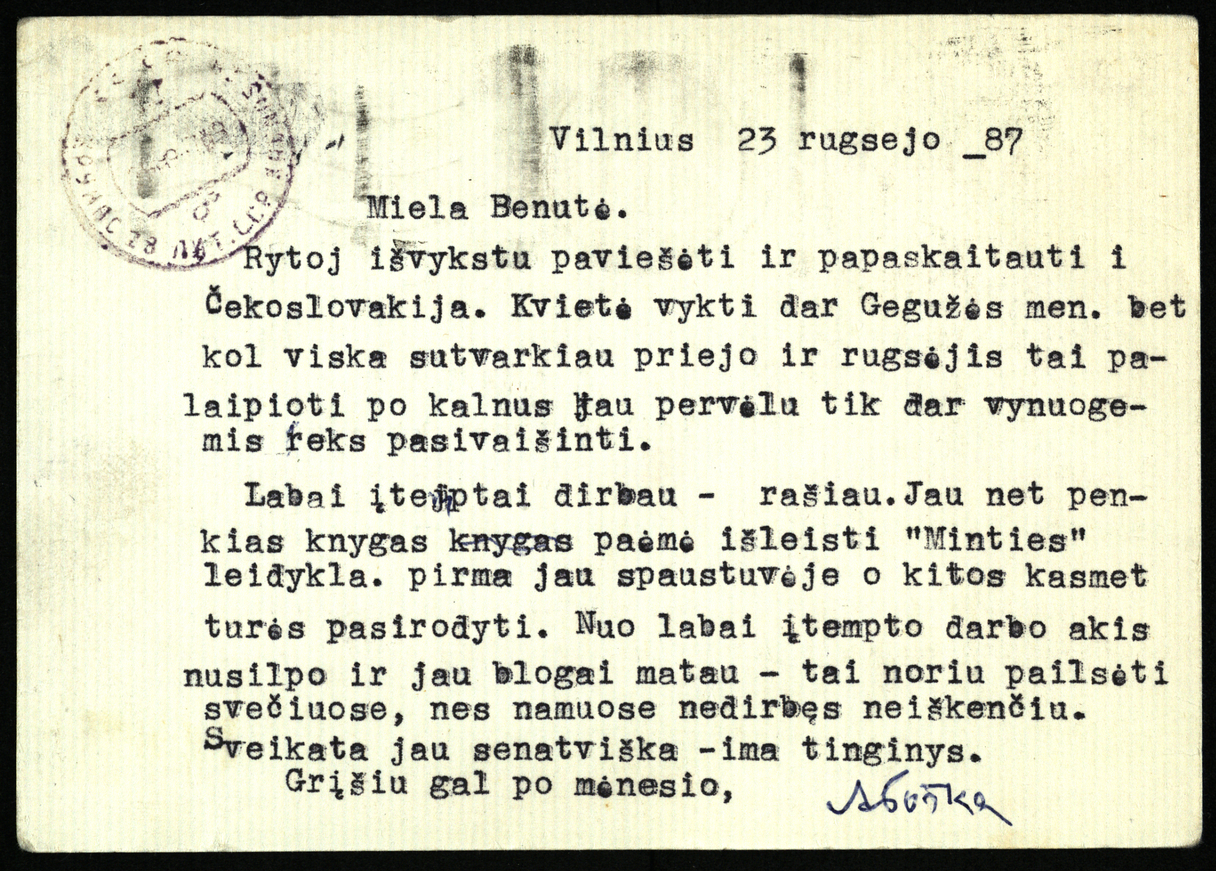 Keliautojo, mokslininko, rašytojo Antano Poškos 1987 m. rugsėjo 23 d. atvirlaiškis Benei Jasėnaitei